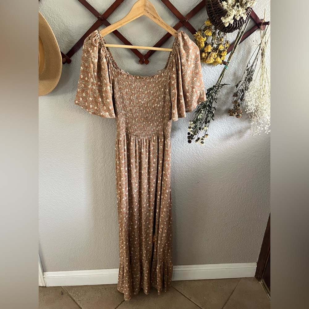 Pinkblush Floral Tan smocked Midi Dress